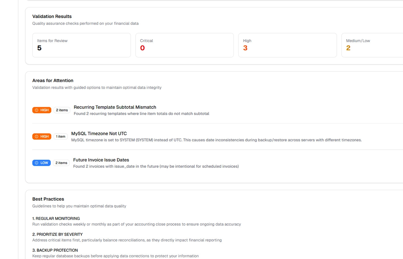 InvoiceArc Data Integrity Monitor showing validation results and quality assurance checks